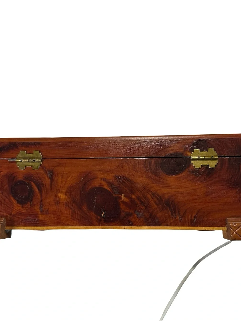 Vtg Carved Wood Trinket Keepsake Box Diamond Cottage Lithograph Inset Flaw Folk